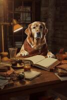 Serious Golden Retriever Dog Sitting with Blank Notebook, Drink Glass and Illuminate Table Lamp In Dark Room. Generative AI. photo