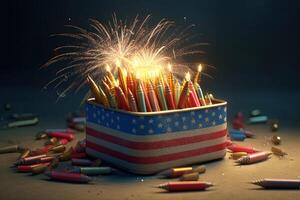 American Flag Color Box Full of Colorful Firecrackers with Sparks on Floor. 4th of July, Independence Day Celebration Concept. . photo