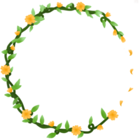 A circular frame surrounded by vine leaves and flowers. Yellow flowers png