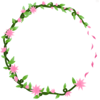 A circular frame surrounded by vine leaves and flowers. Pink flowers png