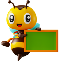 Cartoon cute honey bee hand pointing on empty blackboard 3D render character illustration. Back to school concept png