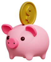 Cute piggy bank with dropping coin 3D render icon illustration. Business financial concept png