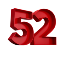 3d illustration of red number 52 or Fifty Two inner shadow png