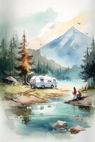 Camping and fishing on the lake with a tent.A man with his family in a forest overlooking a majestic mountain range in the background, created with the help of photo