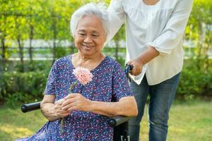 Caregive talk and help Asian elderly woman holding flower, smile and happy in the sunny garden. photo