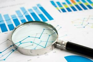 Magnifying glass on graph paper. Financial development, Banking Account, Statistics, Investment Analytic research data economy, Business concept. photo