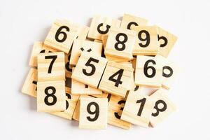 Math number wooden on white background, education study mathematics learning teach concept. photo