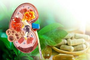 Treatment kidney disease with drug and herb background. photo