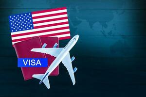 Visa with USA America flag, passport and airplane, trip travel immigration. photo