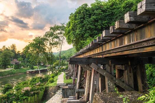 ferrocarril estructura madera historia mundo guerra ii en río kwai foto