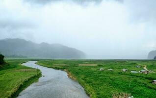 River curve with village cultivated in rainy photo