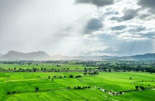 Green field mountain in rain photo