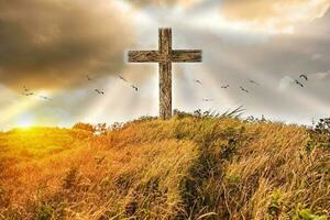 Cross on gold meadow mountain shining photo