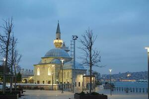 a beautiful mosque in a dark cloudy weather at night photo