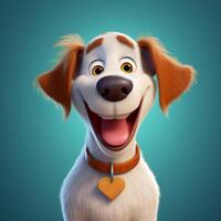 Cute cartoon smiling puppy. A portrait of a dog isolated against a turquoise background. photo