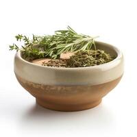 Mix of dried herbs in rustic ceramic bowl isolated on white background. AI generated photo