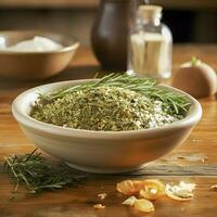 Middle Eastern seasoning za'atar in a bowl close-up. Blurred background. AI generated photo