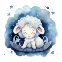 Cute watercolor baby good night sheep on moon Illustration AI Generative png