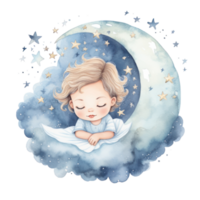 mignonne aquarelle bébé bien nuit lune illustration ai génératif png