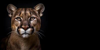 Studio portrait of a panther on a dark background. Horizontal banner with space for text. Generative AI photo