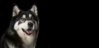 de cerca retrato de un negro y blanco malamute con espacio para texto. grande linda perro. perro comida anuncio publicitario. generativo ai foto