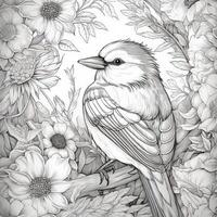 A bird on a branch against a background of flowers drawing with a pencil for a coloring book. Illustration with a background for an anti-stress album, greeting card. photo