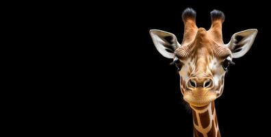 Studio portrait of a giraffe's head on a black background with free space. . photo