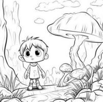 un niño en un hada bosque con un grande seta. colorante paginas para niños y adultos monocromo ilustración. generativo ai foto