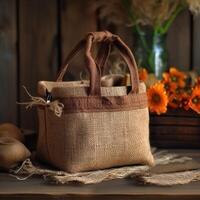 Needlework. Jute eco shopper on a wooden table, blurred background. Generative AI photo