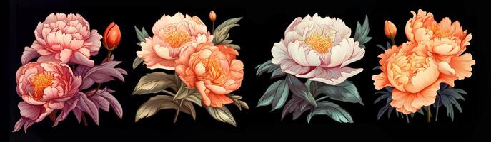 Set of artistic illustrations depicting peonies. Beautiful floral bunch for textile printing. lllustration. photo