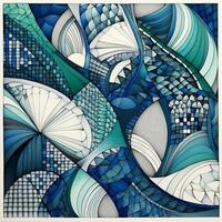 Abstract geometric patterns with repeating shapes and lines. Blue and white mosaic fractal background. photo
