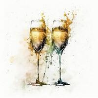 Two glasses of sparkling wine. Watercolor painting. photo