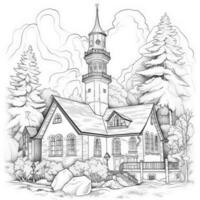 Hand drawn ink drawing of a landscape with a cozy house on the edge of the forest. Sketch of a country house. Anti stress coloring book. photo