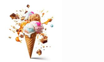 Ice cream with caramel topping on a white background with space for text. Apetite cold dessert. Frozen summer dessert. Banner to advertise a cafe or ice cream shop. photo