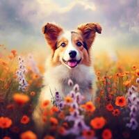 Cute dog in the fields of poppies with blue effect. photo