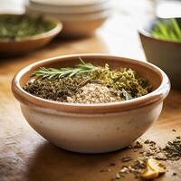 A mixture of spices and a sprig of rosemary in a rustic clay bowl. photo
