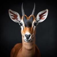 Black-footed antelope portrait on a black background close-up. Generative AI. photo