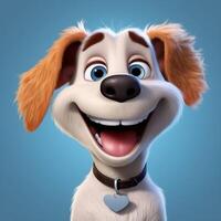 Cartoon smiling dog with big eyes on a blue background. photo