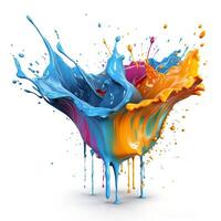 The fall of a multi-colored drop of paint close-up. Bright splashes and streaks on a white background. photo