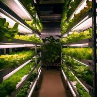 Vegetables agrow and ripen in indoor vertical farm. Plants grow with led lights. Sustainable agriculture for eco future. Blur. Salat in hydroponic. photo