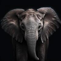 Close-up portrait of an elephant on a black background. Generative AI. photo