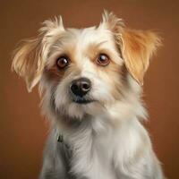 estudio retrato de un pequeño perro beige perro con un linda cara en un marrón antecedentes. generativo ai foto