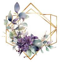 Watercolor flower arrangement, paint blur. Gold leaf geometric frame. photo