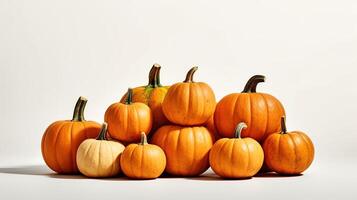 Pumpkins of different sizes, folded in a slide on a light background. photo