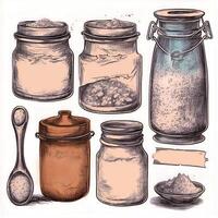 Hand drawn Sea salt in jars and vessels, vintage sketch. A set of storage containers. photo