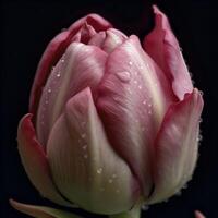 Bright colorful pink tulip with water drops. Close-Up Bud of spring flowers. photo