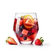 Strawberry sangria on a white background. Fruit summer cooling drink in a glass glass. Colorful composition for the summer menu. Generative AI photo