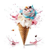 Waffle cone with ice cream. Summer cool dessert. photo