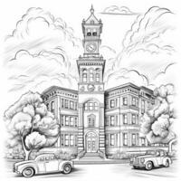 Urban retro landscape in sketch style. For coloring, attention development, coloring page, postcards. Generative AI. photo