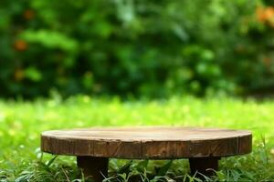 Empty wooden table in nature. AI generative photo